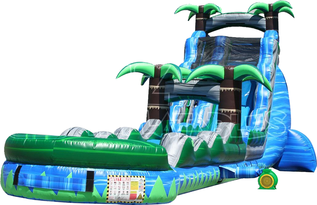 The Blue Crush Inflatable Water Slide and Palms Slip-N-Dip Water Slide